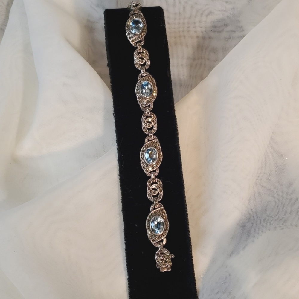 💙MARCASITE BLUE TOPAZ/925 STERLING SILVER/ LINK BRACELET 💙 VTG  FIRM PRICE⭐